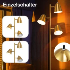163cm Stehlampe mit 3 E27 Glühbirnen & 360° Verstellbaren Lampenschirmen Stehleuchte Gold
