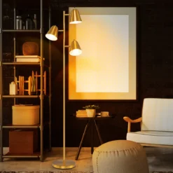 163cm Stehlampe mit 3 E27 Glühbirnen & 360° Verstellbaren Lampenschirmen Stehleuchte Gold
