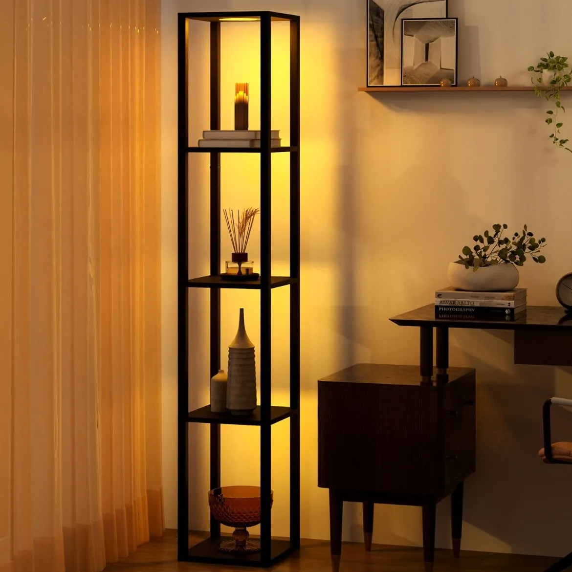 162cm Stehlampe mit Regalen & Dimmbaren LED-Lichtern & Fußschalter Standlampe Eckregal