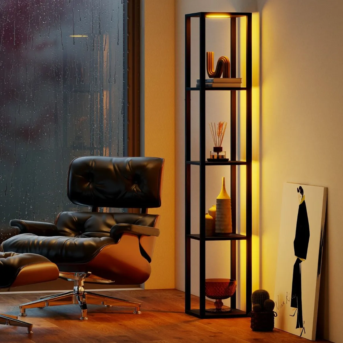 162cm Stehlampe mit Regalen & Dimmbaren LED-Lichtern & Fußschalter Standlampe Eckregal