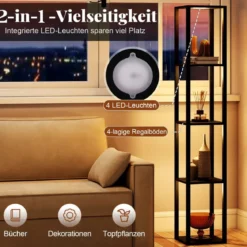 162cm Stehlampe mit Regalen & Dimmbaren LED-Lichtern & Fußschalter Standlampe Eckregal