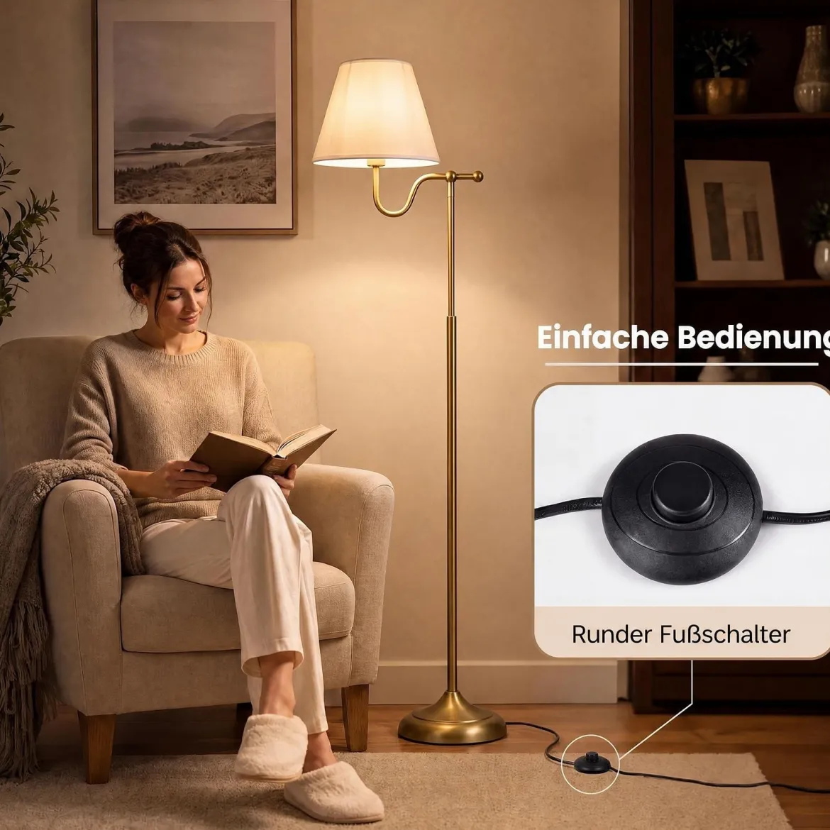 158 cm Stehlampe mit Stoffschirm & Metallgestell Stehleuchte mit Fußschalter & E27-fassung