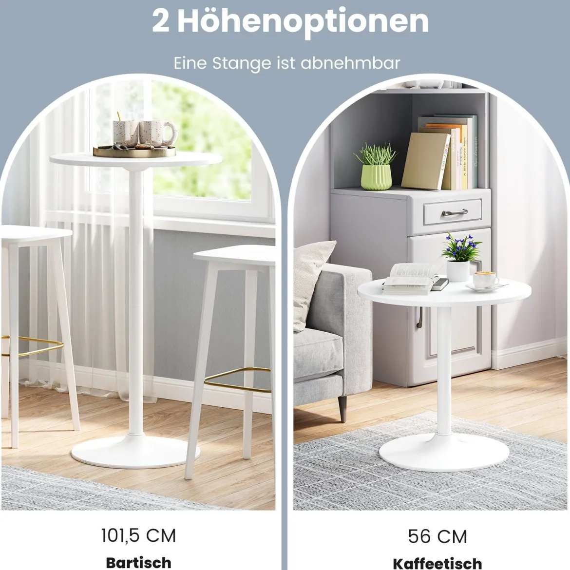 Ø 60 cm Stehtisch 2 in 1 Bartisch & Esstisch Höhenverstellbarer Bistrotisch Rund Partytisch Weiß