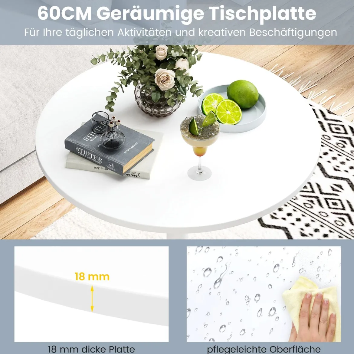 Ø 60 cm Stehtisch 2 in 1 Bartisch & Esstisch Höhenverstellbarer Bistrotisch Rund Partytisch Weiß