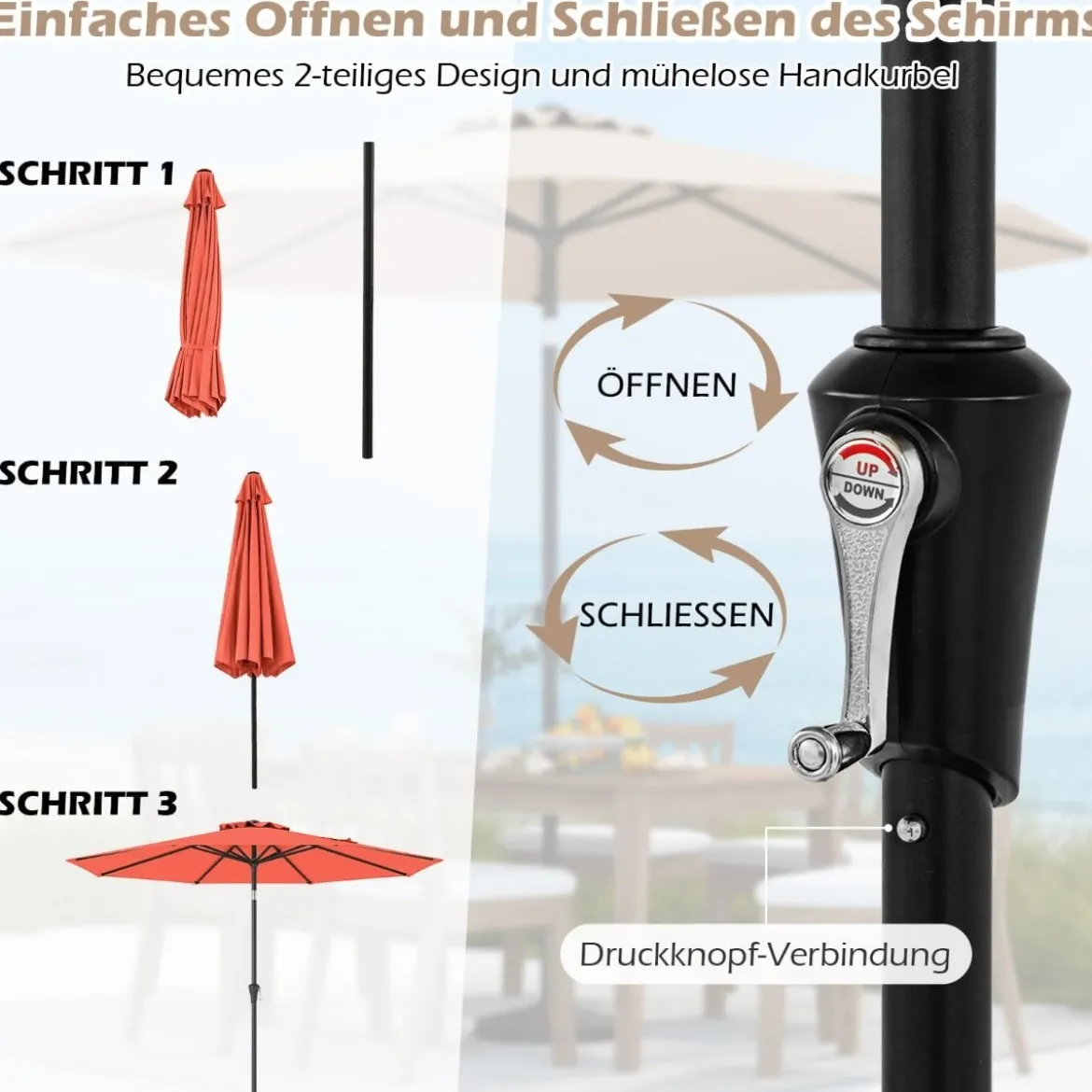 Ø303 cm Terrassenschirm mit Kurbel Beidseitig um 25° Knickbarer Gartenschirm Sonnenschirm
