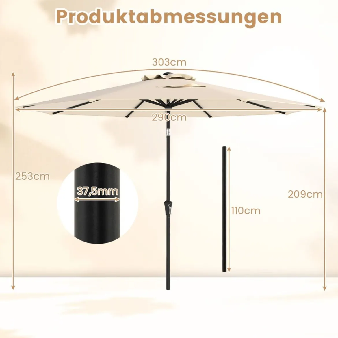 Ø303 cm Terrassenschirm mit Kurbel Beidseitig um 25° Knickbarer Gartenschirm Sonnenschirm