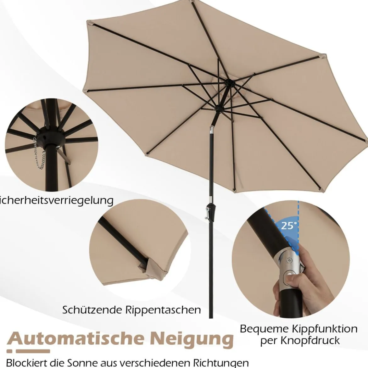 Ø303 cm Terrassenschirm mit Kurbel Beidseitig um 25° Knickbarer Gartenschirm Sonnenschirm
