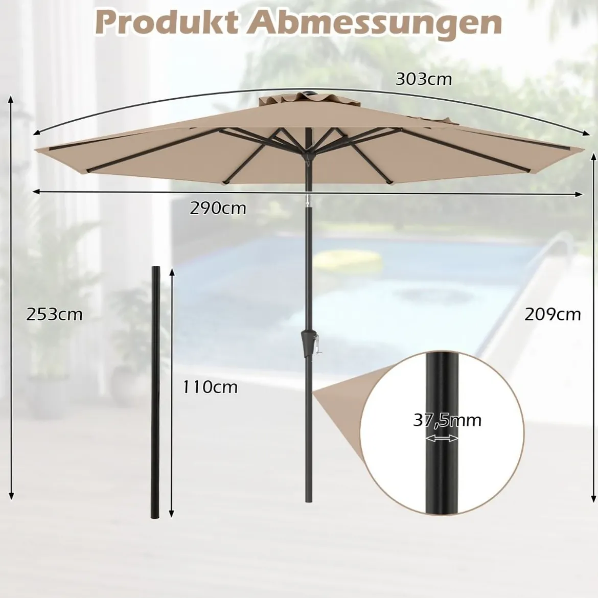Ø303 cm Terrassenschirm mit Kurbel Beidseitig um 25° Knickbarer Gartenschirm Sonnenschirm
