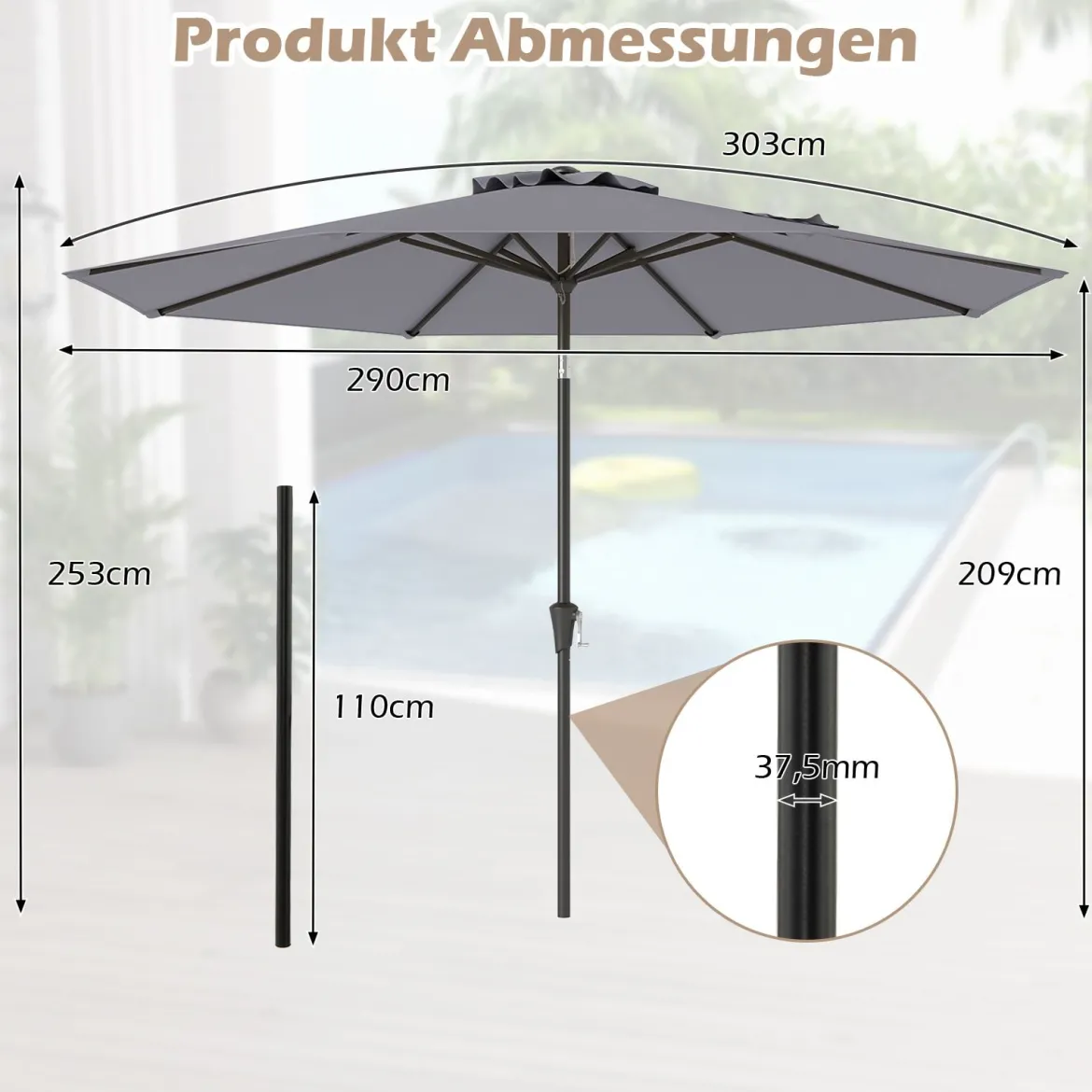 Ø303 cm Terrassenschirm mit Kurbel Beidseitig um 25° Knickbarer Gartenschirm Sonnenschirm