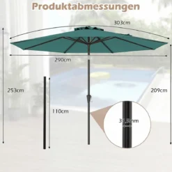 Ø303 cm Terrassenschirm mit Kurbel Beidseitig um 25° Knickbarer Gartenschirm Sonnenschirm