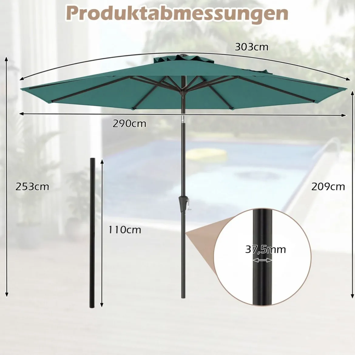 Ø303 cm Terrassenschirm mit Kurbel Beidseitig um 25° Knickbarer Gartenschirm Sonnenschirm