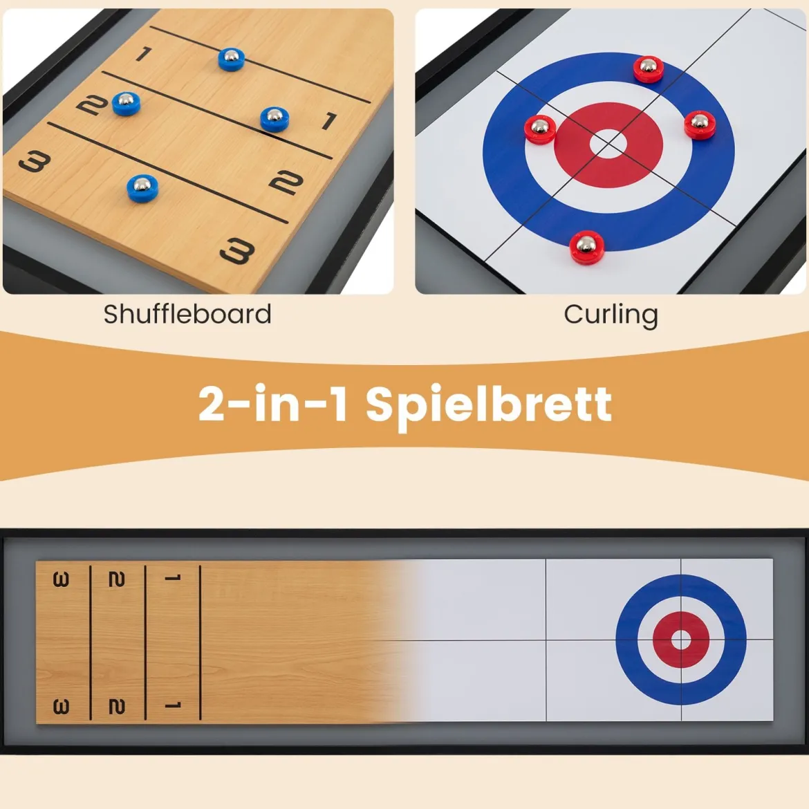 114 CM Tisch-Shuffleboard & Curling 2-in-1 Brettspiel mit 8 Scheiben tragbares Holz Mehrfarbig