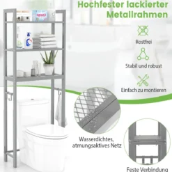 170 cm Toilettenregal mit 3 Ablagen & Höhenverstellbarer Querstange WC Regal Grau