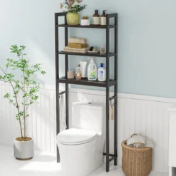 170 cm Toilettenregal mit 3 Ablagen & Höhenverstellbarer Querstange WC Regal Braun