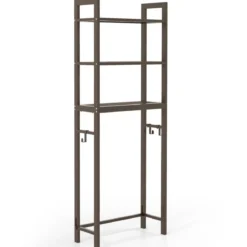 170 cm Toilettenregal mit 3 Ablagen & Höhenverstellbarer Querstange WC Regal Braun