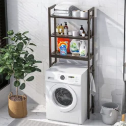 170 cm Toilettenregal mit 3 Ablagen & Höhenverstellbarer Querstange WC Regal Braun