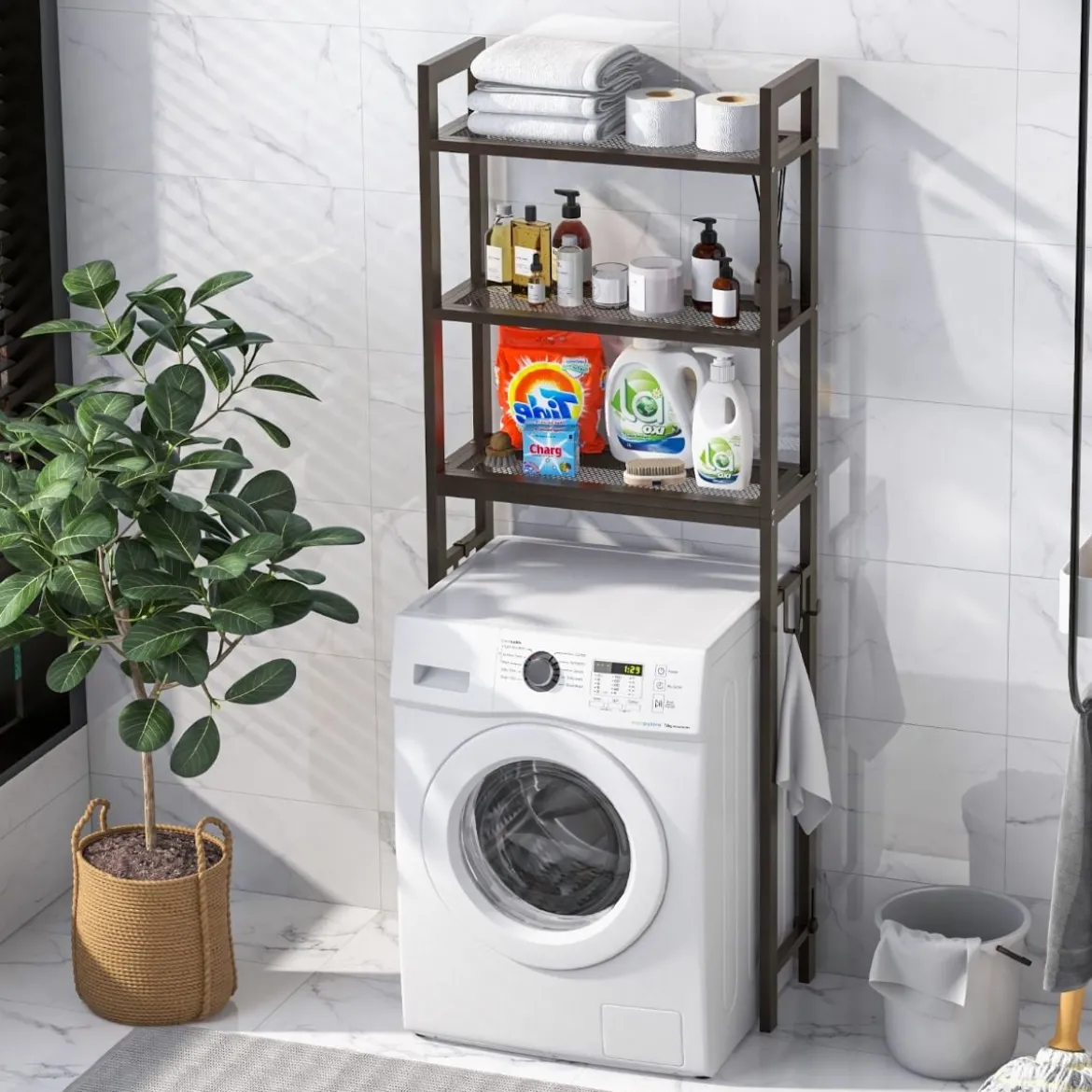 170 cm Toilettenregal mit 3 Ablagen & Höhenverstellbarer Querstange WC Regal Braun