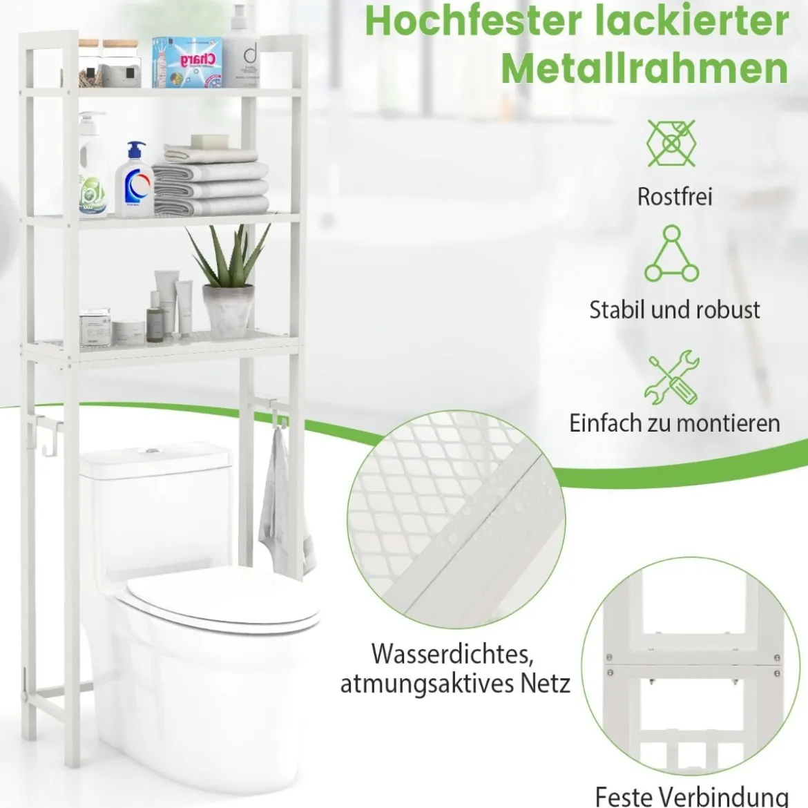 170 cm Toilettenregal mit 3 Ablagen & Höhenverstellbarer Querstange WC Regal Weiß