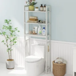 170 cm Toilettenregal mit 3 Ablagen & Höhenverstellbarer Querstange WC Regal Weiß