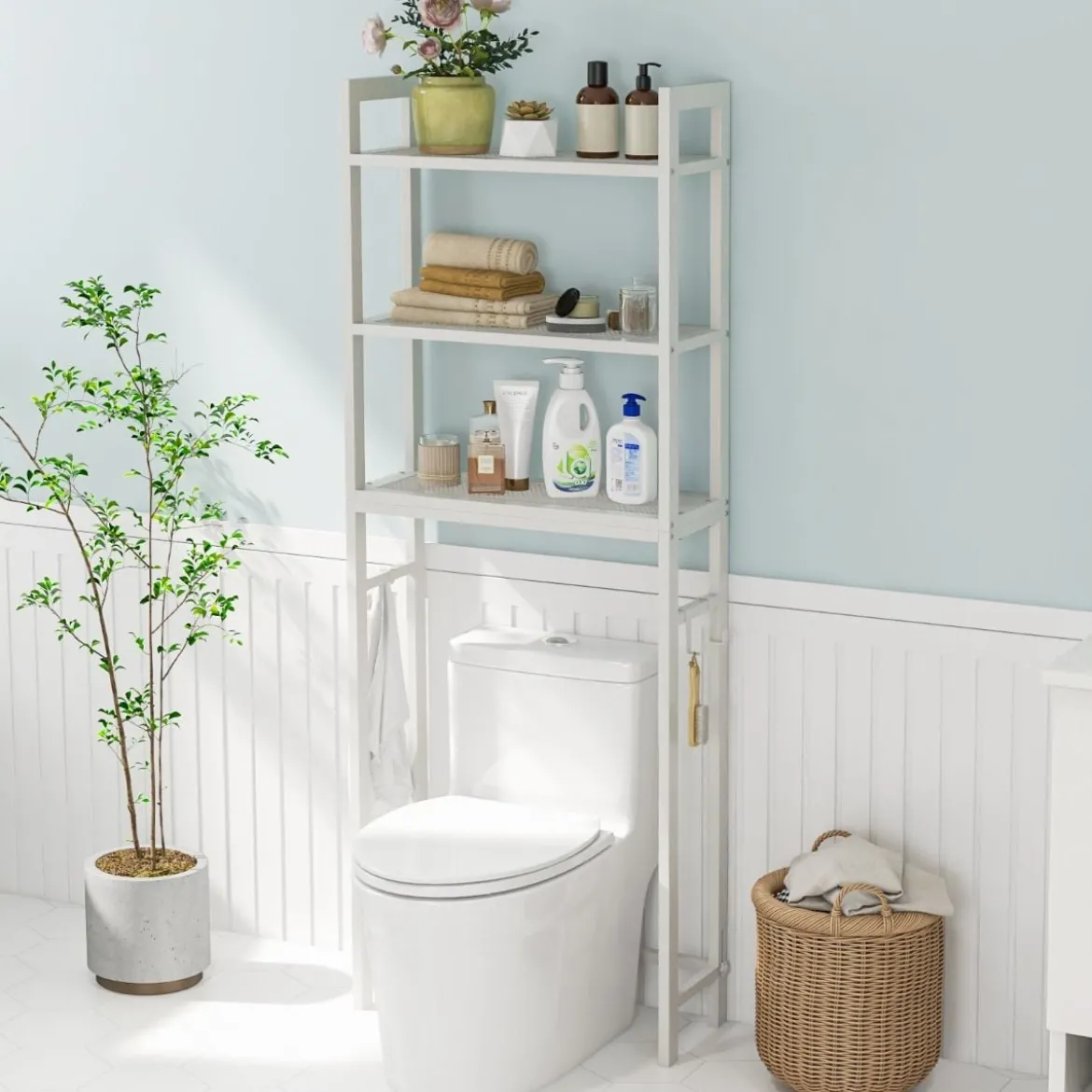 170 cm Toilettenregal mit 3 Ablagen & Höhenverstellbarer Querstange WC Regal Weiß