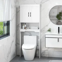 168 cm Toilettenschrank mit 2 Türen & Verstellbarem Regal Platzsparender Überbauschrank