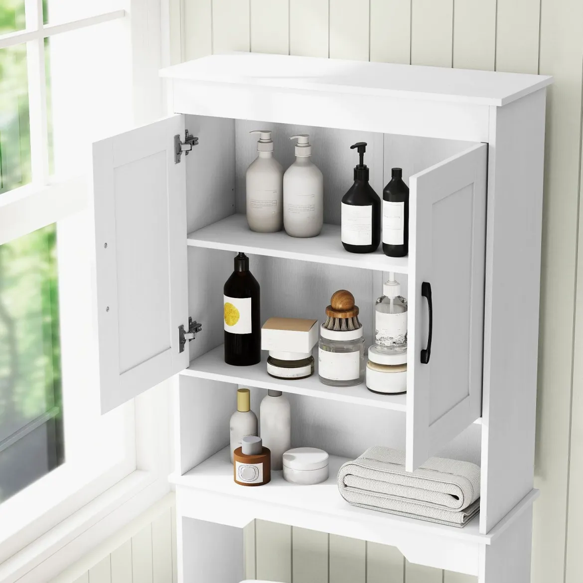 168 cm Toilettenschrank mit 2 Türen & Verstellbarem Regal Platzsparender Überbauschrank