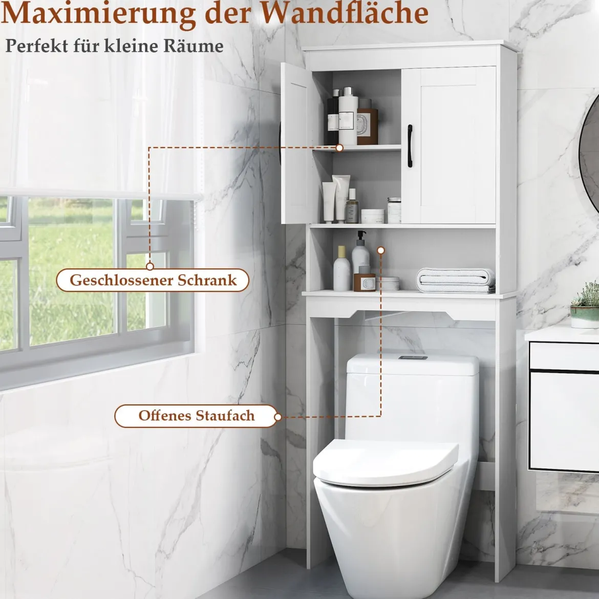 168 cm Toilettenschrank mit 2 Türen & Verstellbarem Regal Platzsparender Überbauschrank