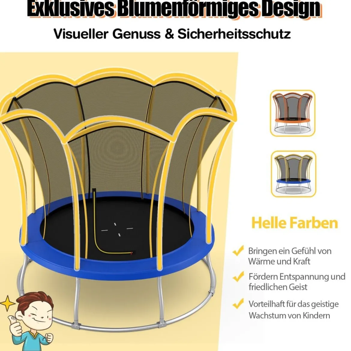 φ244 cm Trampolin mit Blumenform & Sicherheitsnetz & Gepolsterten Stangen Gelb