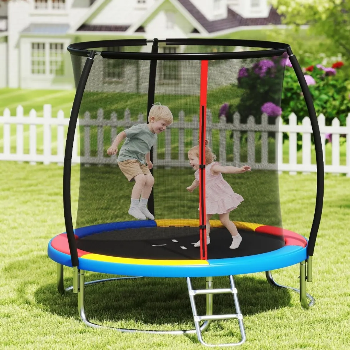 Ø244 cm Trampolin mit Leiter & Sicherheitsnetz Rund Gartentrampolin Kindertrampolin Orange