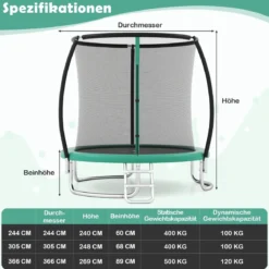 Ø244 cm Trampolin mit Leiter & Sicherheitsnetz Rund Gartentrampolin Kindertrampolin Grün
