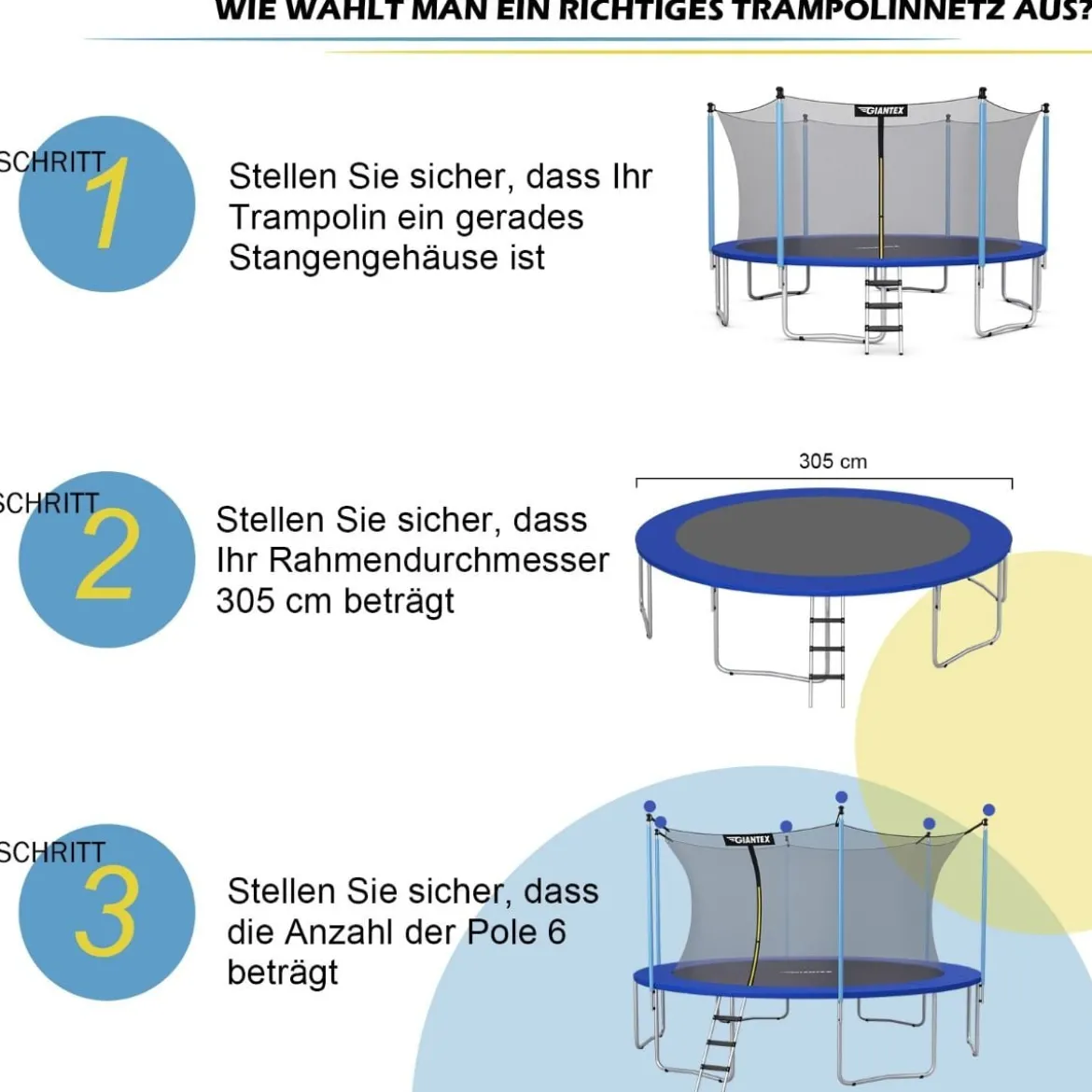 Ø305 cm Trampolin Sicherheitsnetz innenliegend für Gartentrampoline Schwarz