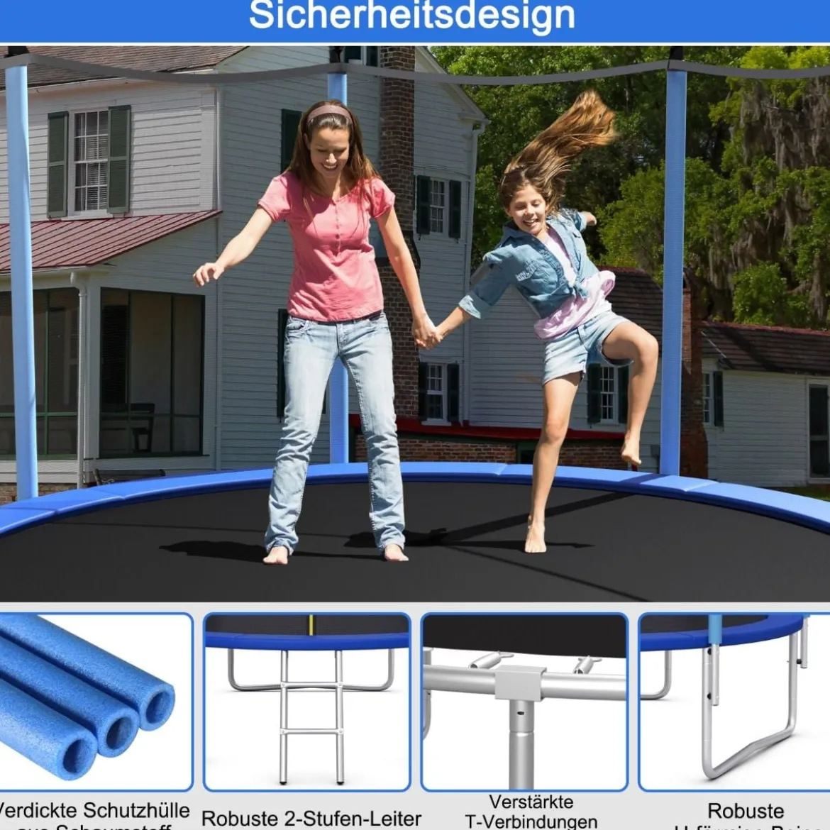 Ø 366 cm Trampolin Trampolin Outdoor Gartentrampolin mit Leiter Schwarz + Blau