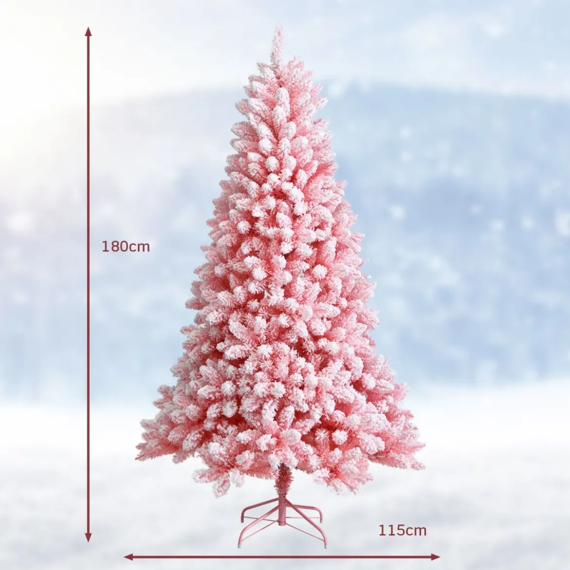 180 cm Verschneiter Künstlicher Weihnachtsbaum mit 920 Zweigen und Metallständer Rosa