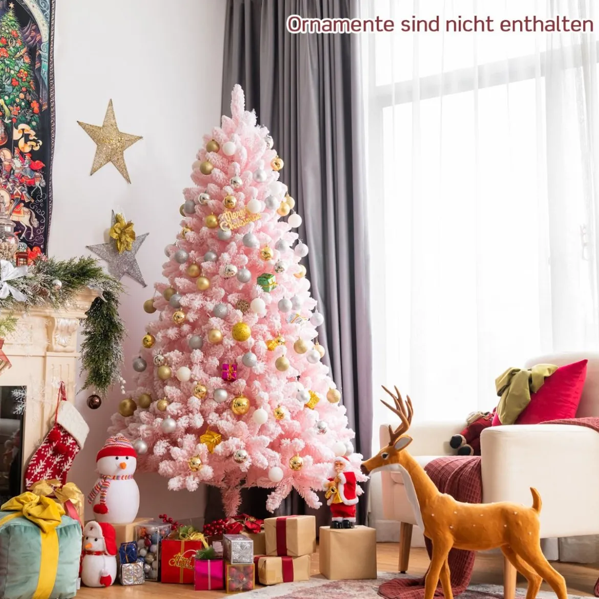 180 cm Verschneiter Künstlicher Weihnachtsbaum mit 920 Zweigen und Metallständer Rosa