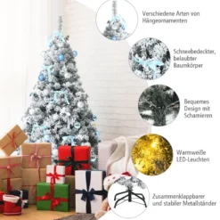 150 cm verschneiter & künstlicher Weihnachtsbaum mit LED-Lichter Tannenbaum Grün + Weiß