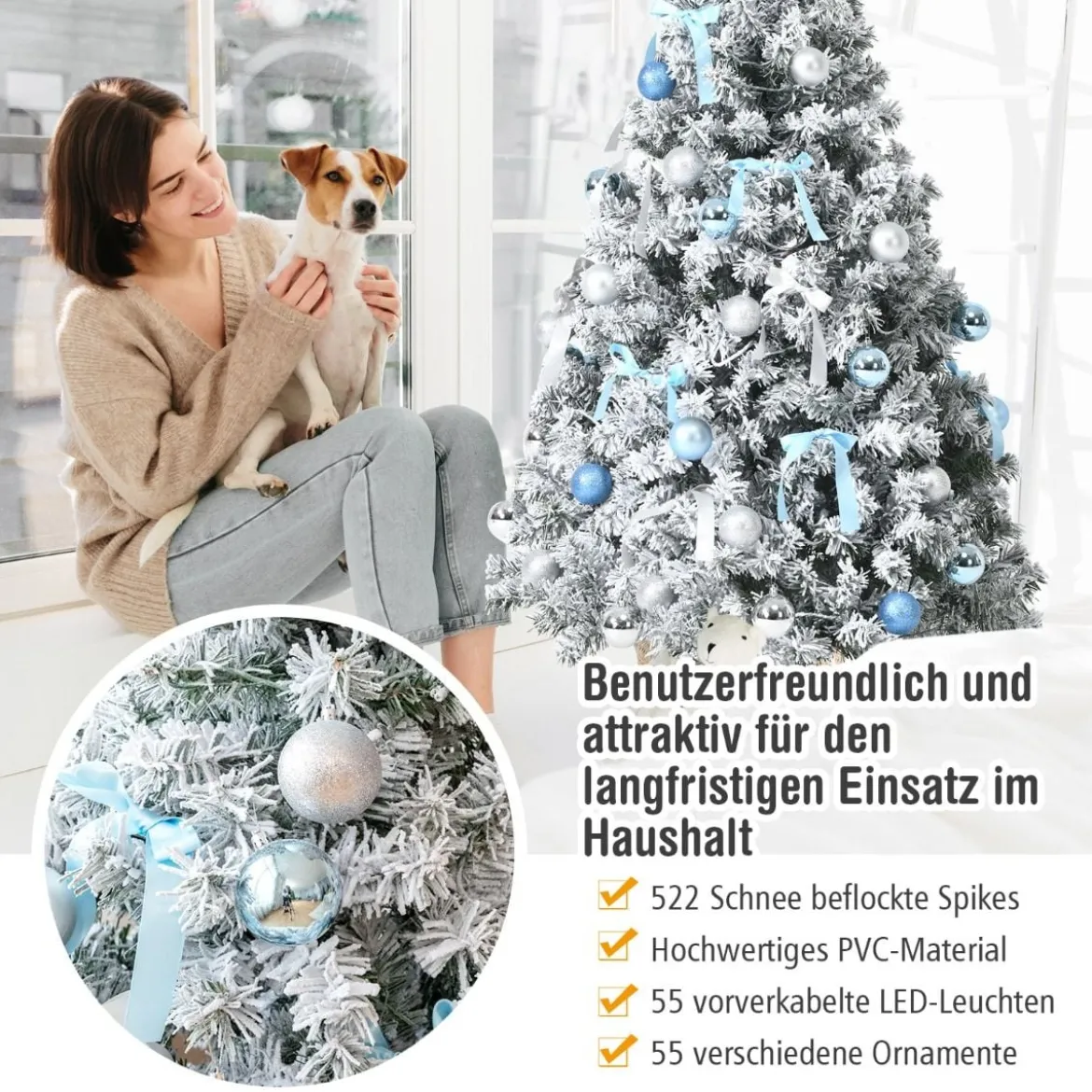 150 cm verschneiter & künstlicher Weihnachtsbaum mit LED-Lichter Tannenbaum Grün + Weiß
