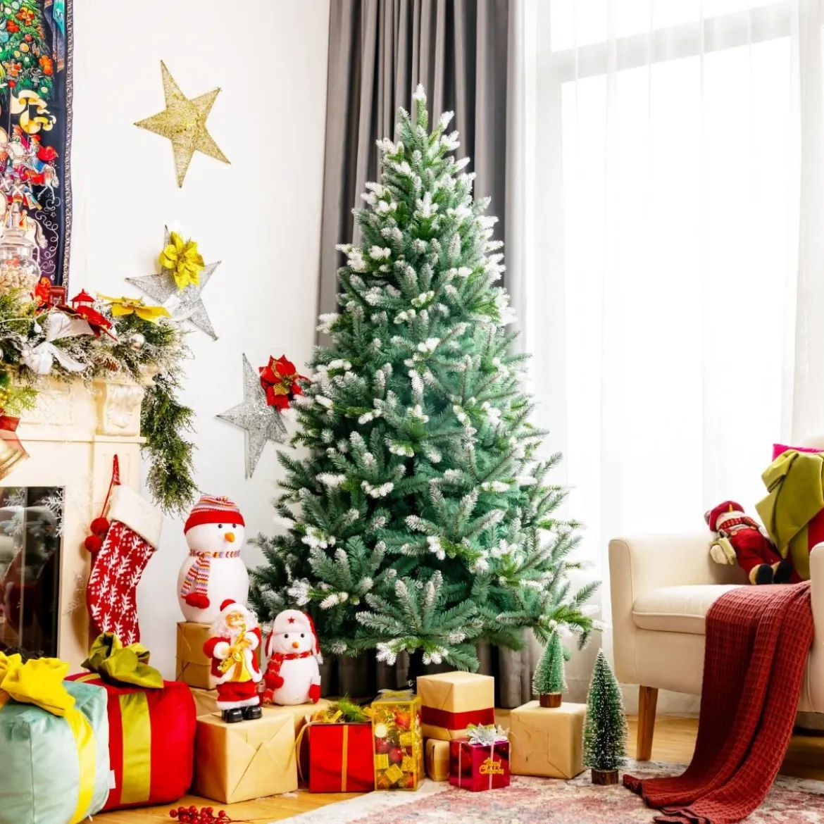 180 cm verschneiter künstlicher Weihnachtsbaum mit Schnee mit Metallständer Kunstbaum Grün + Weiß