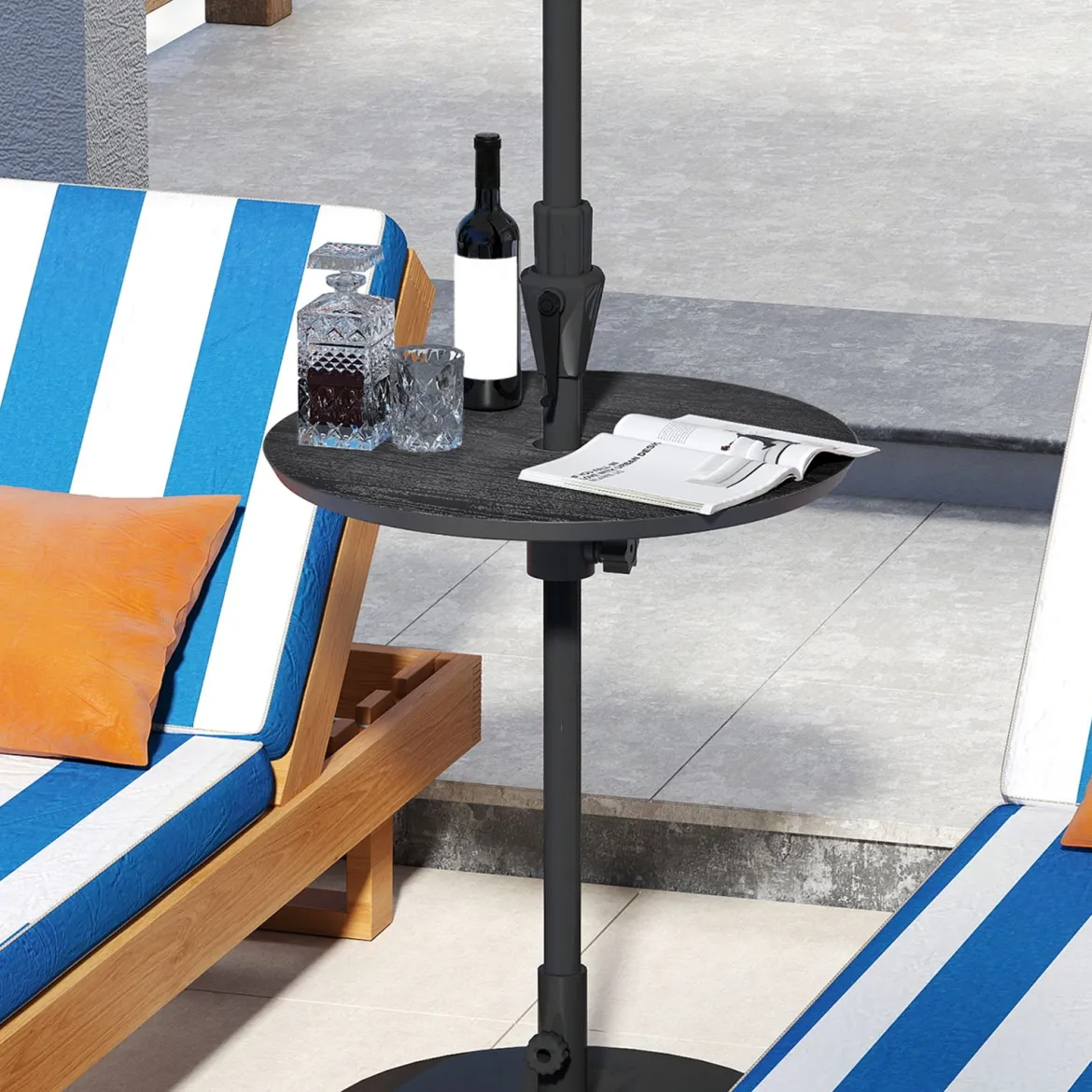 Ø50cm verstellbarer Schirmtisch runde Tischplatte mit 38mm Schirmloch & Holzmaserung Schwarz