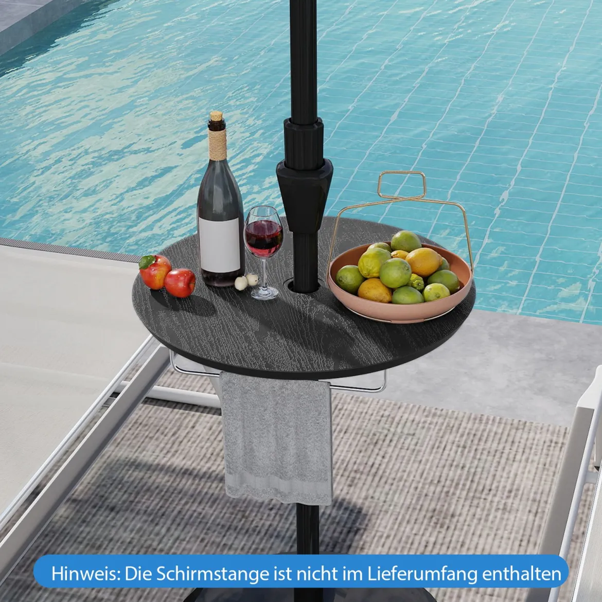 Ø50cm verstellbarer Schirmtisch runde Tischplatte mit 38mm Schirmloch & Holzmaserung Schwarz