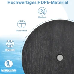 Ø50cm verstellbarer Schirmtisch runde Tischplatte mit 38mm Schirmloch & Holzmaserung Schwarz