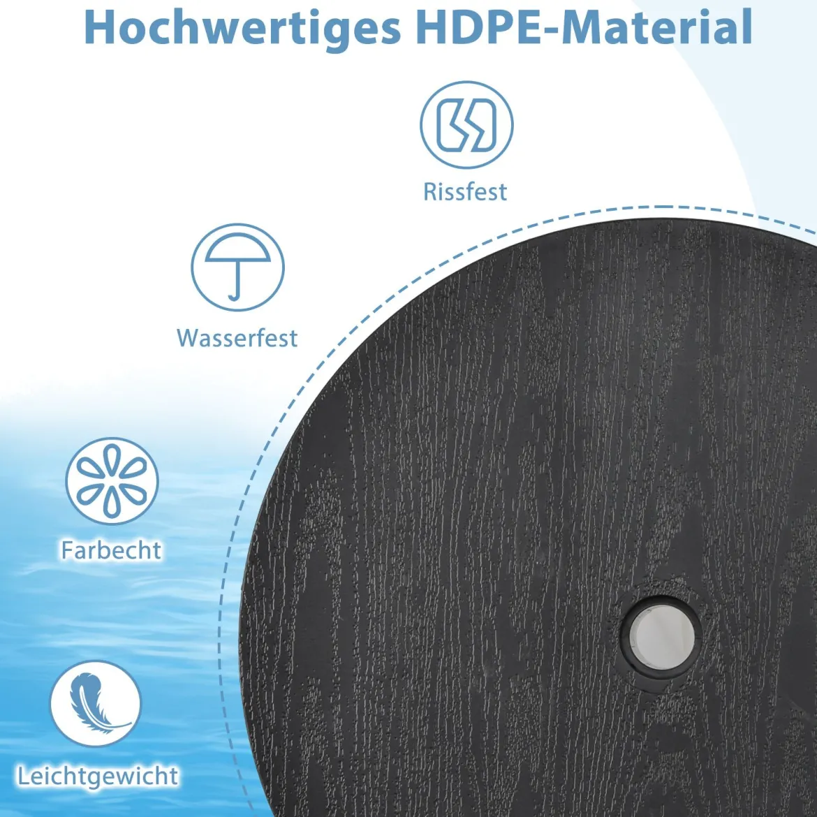 Ø50cm verstellbarer Schirmtisch runde Tischplatte mit 38mm Schirmloch & Holzmaserung Schwarz