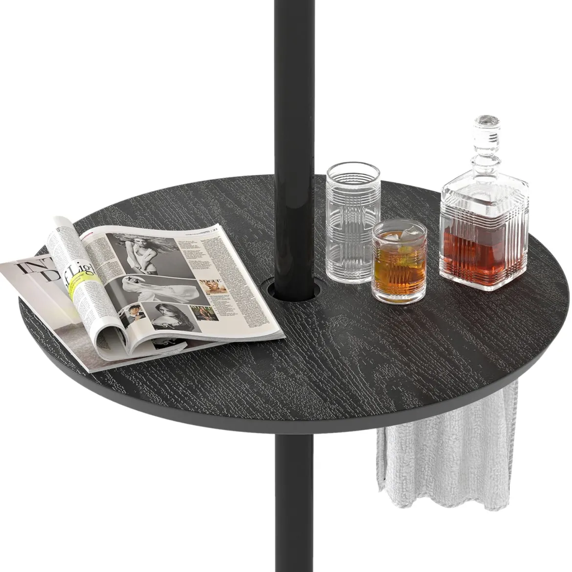 Ø50cm verstellbarer Schirmtisch runde Tischplatte mit 38mm Schirmloch & Holzmaserung Schwarz