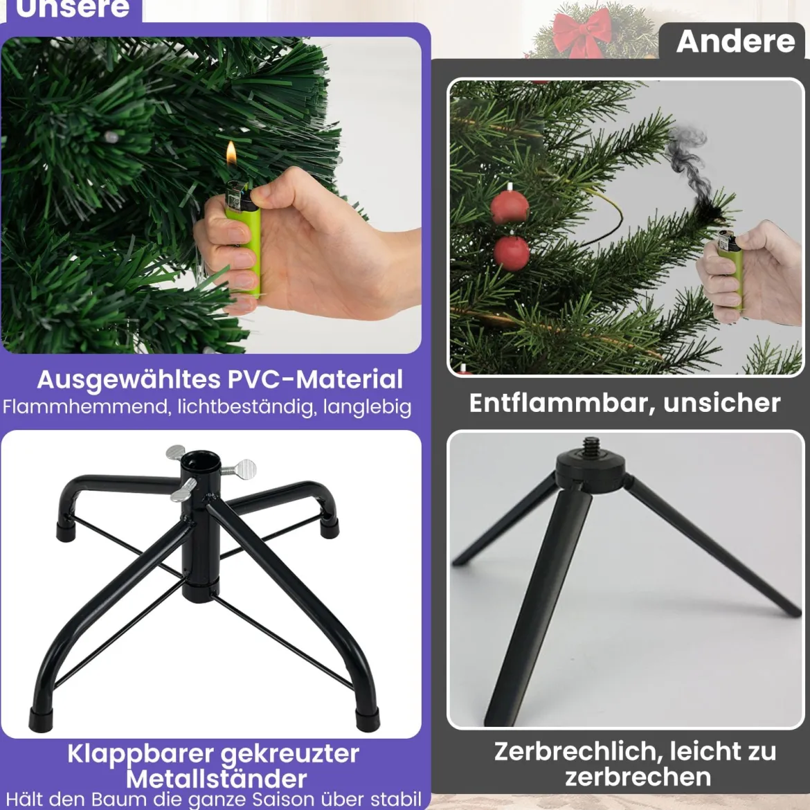 93 cm Vorbeleuchteter künstlicher Weihnachtsbaum Weihnachtsbaum mit mehrfarbigen Glasfasern 96 lila & weißen LEDs Grün