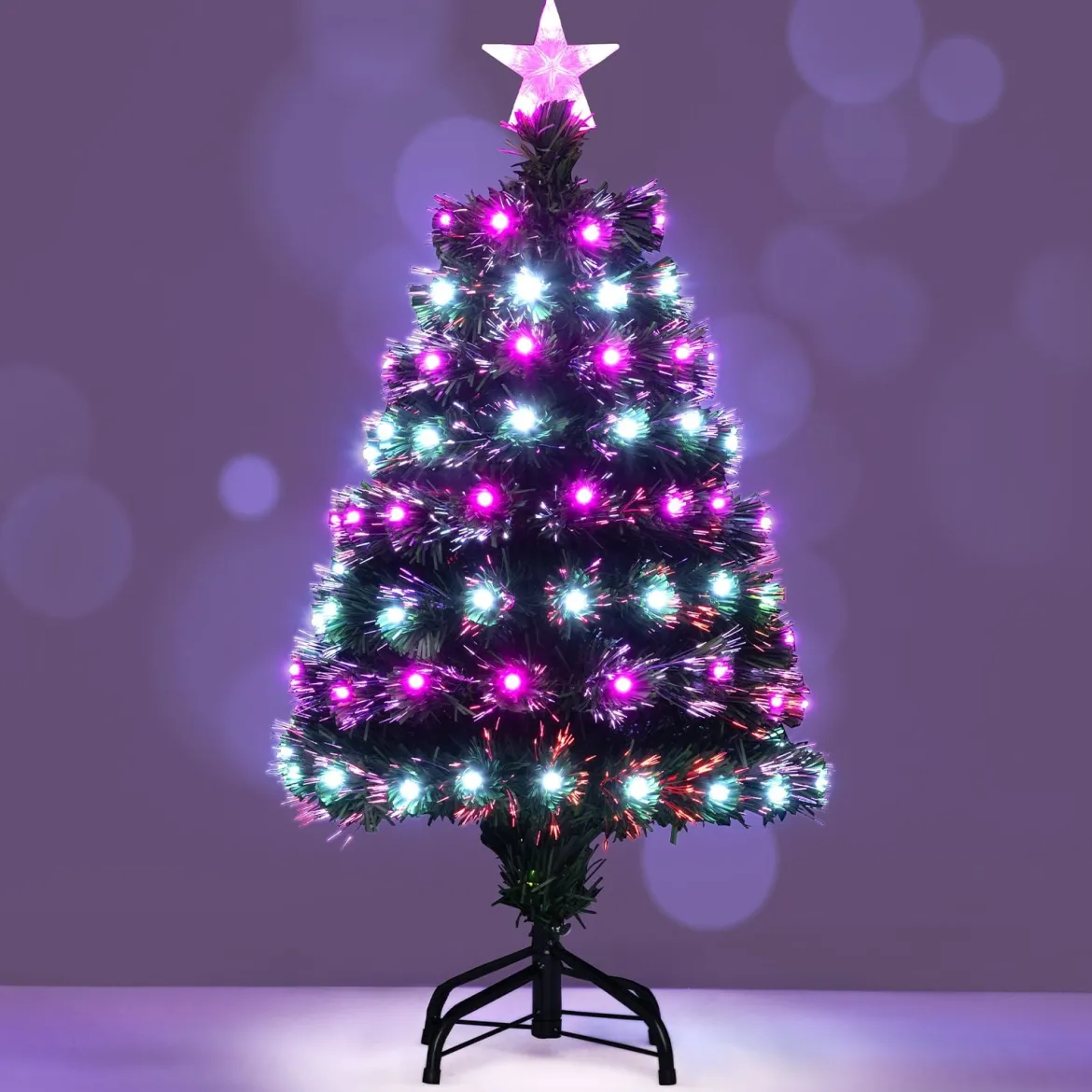 93 cm Vorbeleuchteter künstlicher Weihnachtsbaum Weihnachtsbaum mit mehrfarbigen Glasfasern 96 lila & weißen LEDs Grün