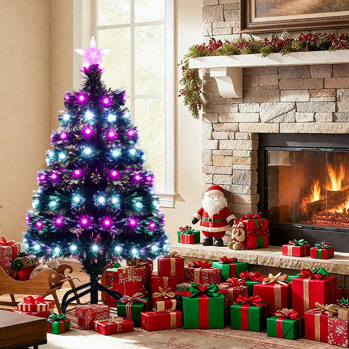 93 cm Vorbeleuchteter künstlicher Weihnachtsbaum Weihnachtsbaum mit mehrfarbigen Glasfasern 96 lila & weißen LEDs Grün