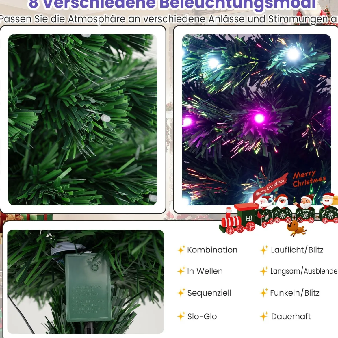 93 cm Vorbeleuchteter künstlicher Weihnachtsbaum Weihnachtsbaum mit mehrfarbigen Glasfasern 96 lila & weißen LEDs Grün