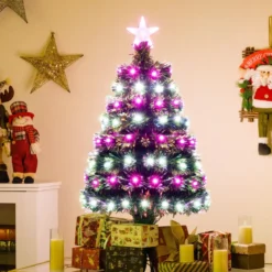93 cm Vorbeleuchteter künstlicher Weihnachtsbaum Weihnachtsbaum mit mehrfarbigen Glasfasern 96 lila & weißen LEDs Grün