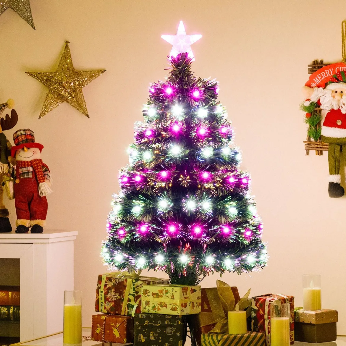 93 cm Vorbeleuchteter künstlicher Weihnachtsbaum Weihnachtsbaum mit mehrfarbigen Glasfasern 96 lila & weißen LEDs Grün