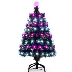 93 cm Vorbeleuchteter künstlicher Weihnachtsbaum Weihnachtsbaum mit mehrfarbigen Glasfasern 96 lila & weißen LEDs Grün