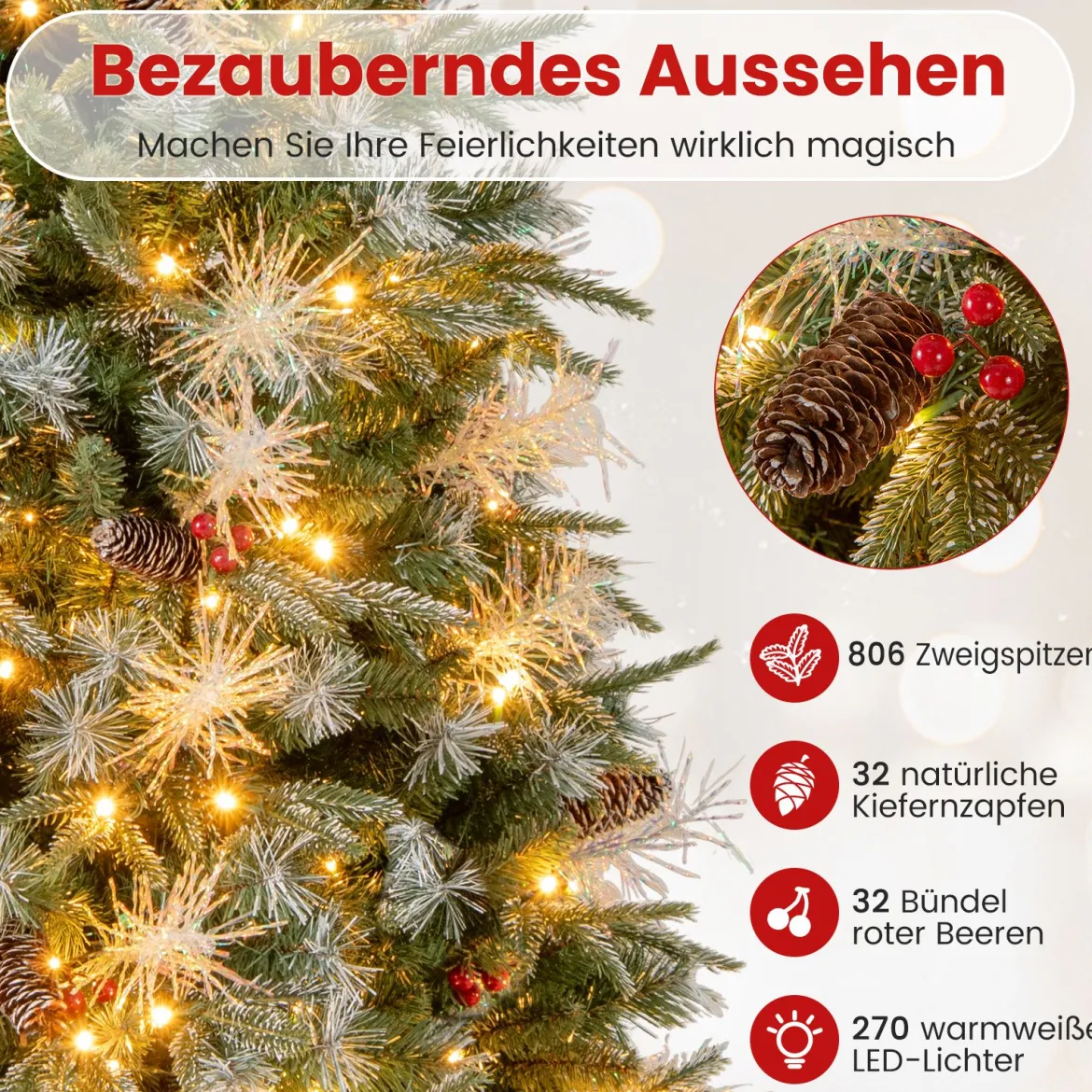 180 cm Vorgefertigter Künstlicher Weihnachtsbaum Gelenkiger Festlicher Weihnachtsbaum mit 806 PE- PVC- und PET-Zweigspitzen
